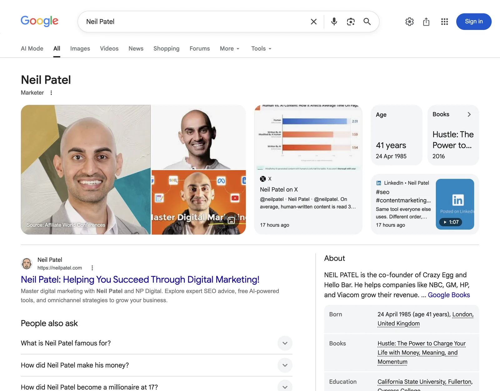 Google search results page for Neil Patel &mdash; Marketer