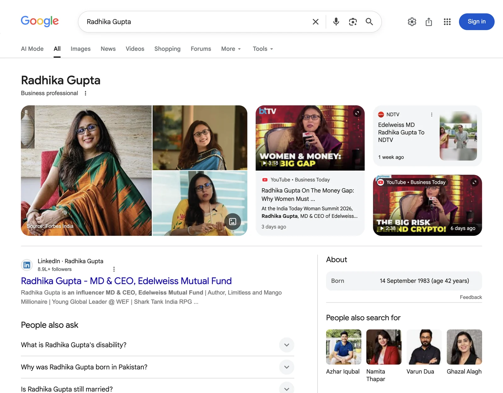 Google search results page for Radhika Gupta &mdash; Business professional