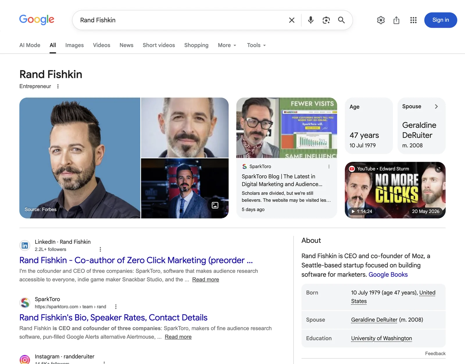 Google search results page for Rand Fishkin &mdash; Entrepreneur