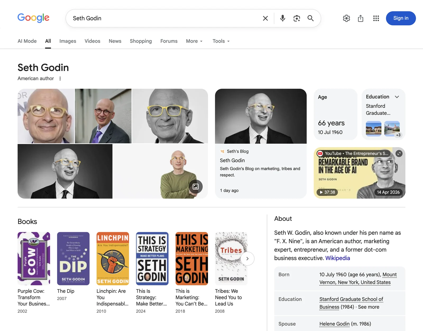 Google search results page for Seth Godin &mdash; American author