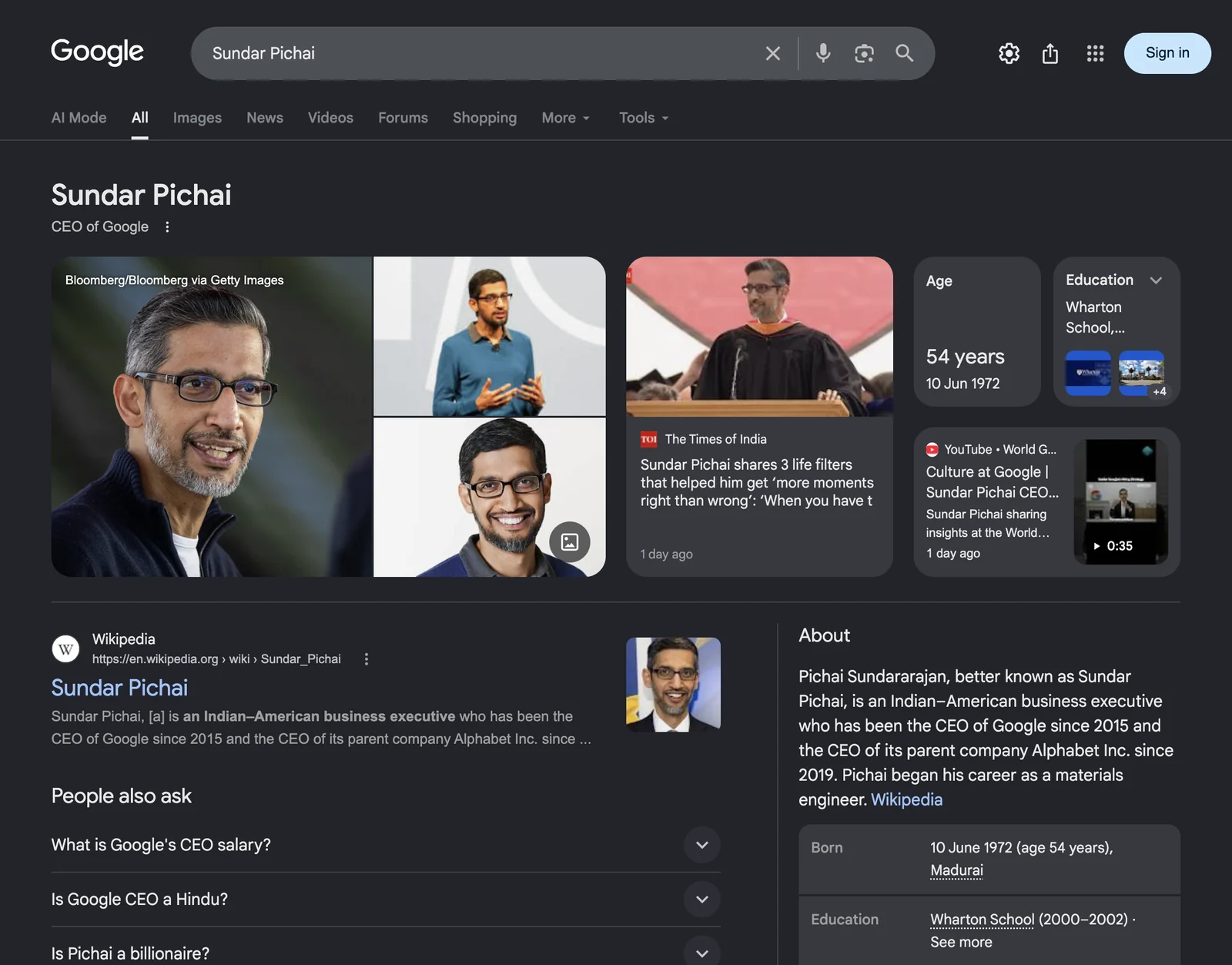 Google search results page for Sundar Pichai &mdash; CEO of Google
